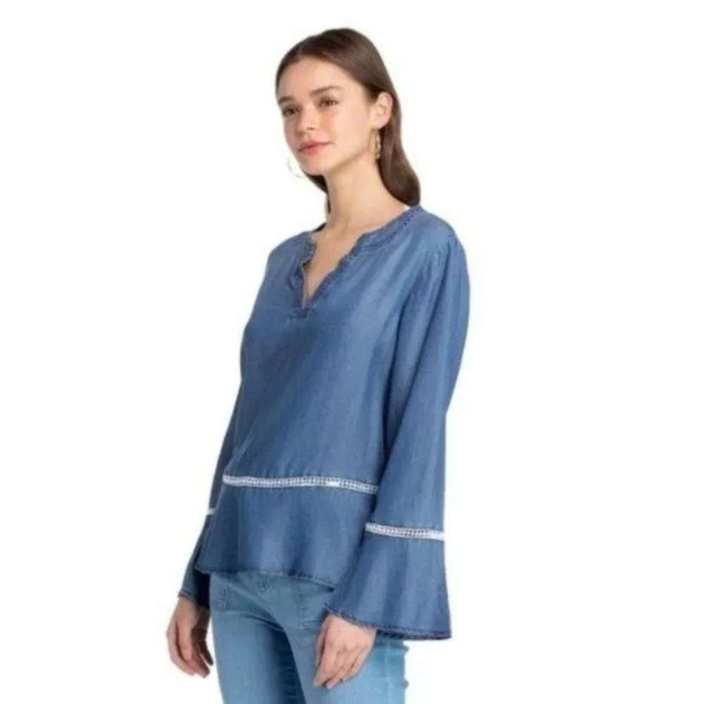 Madeline & Monroe Blouse Blue Chambray, Bell Sleeves Top Size S